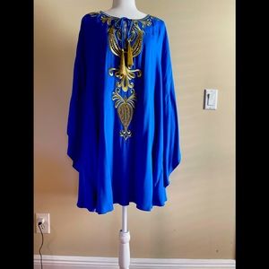 Lilly Pulitzer Emera Caftan Dress Brilliant Blue Embroidered Gold Size L/XL